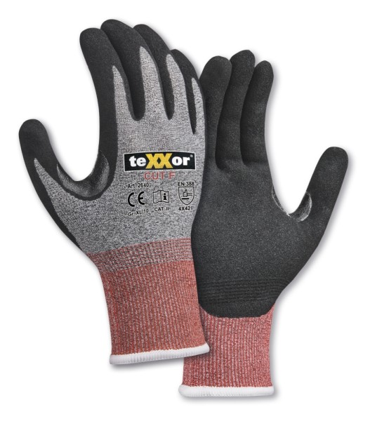 teXXor® Schnittschutz-Strickhandschuhe CUT F grau-meliert/rot/schwarz 2640.TEX